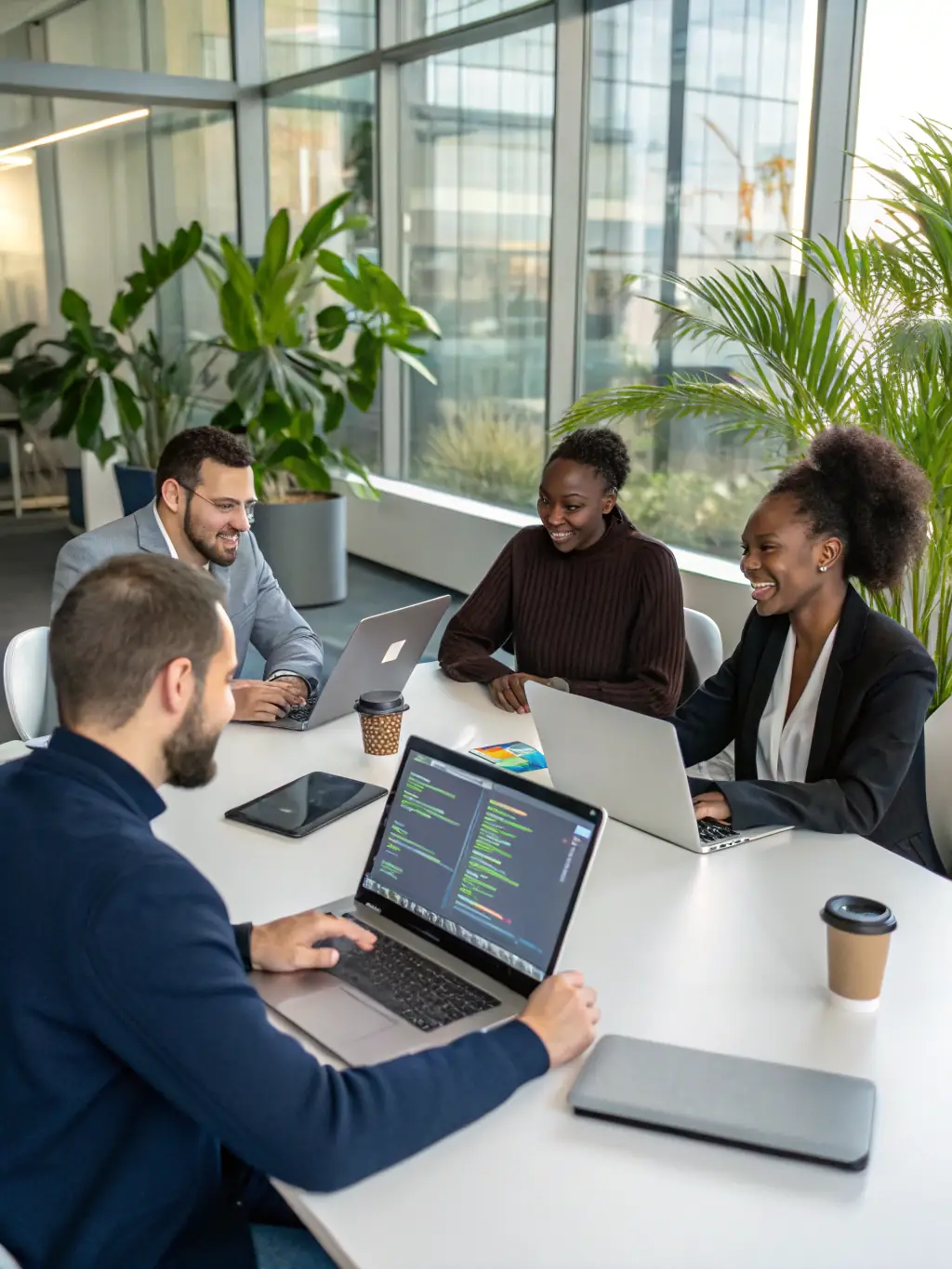 A diverse group of Indian professionals engaged in a dynamic brainstorming session, collaborating on innovative business strategies in a brightly lit, modern co-working space.