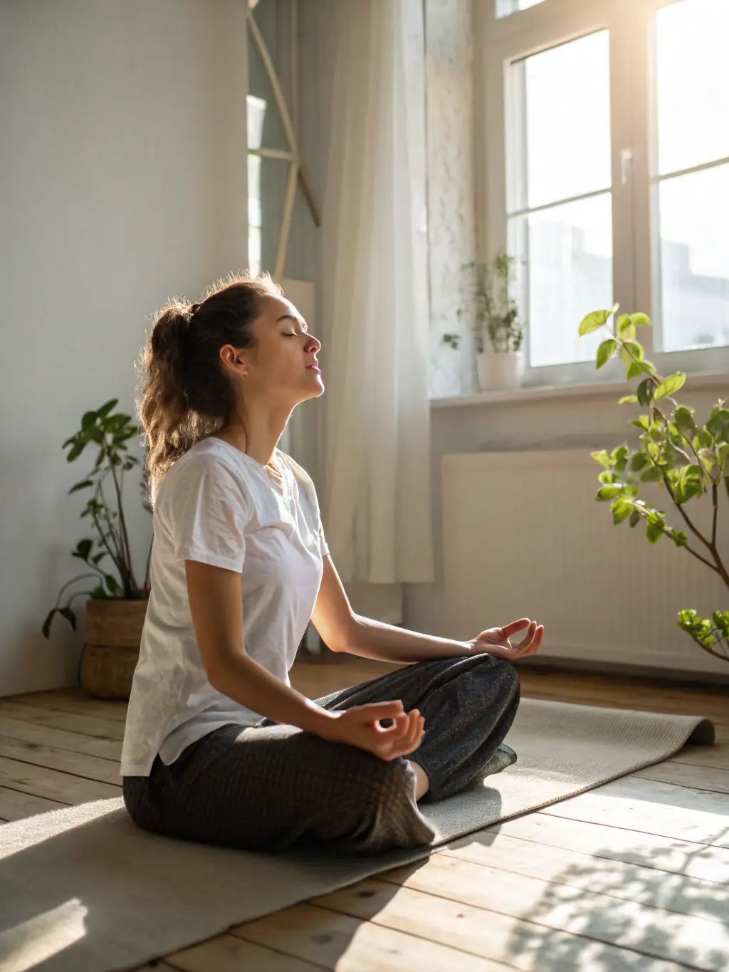 An individual meditating in a serene setting, with sunlight streaming through the window, symbolizing mental clarity and focus, representing the benefits of mindset development coaching.