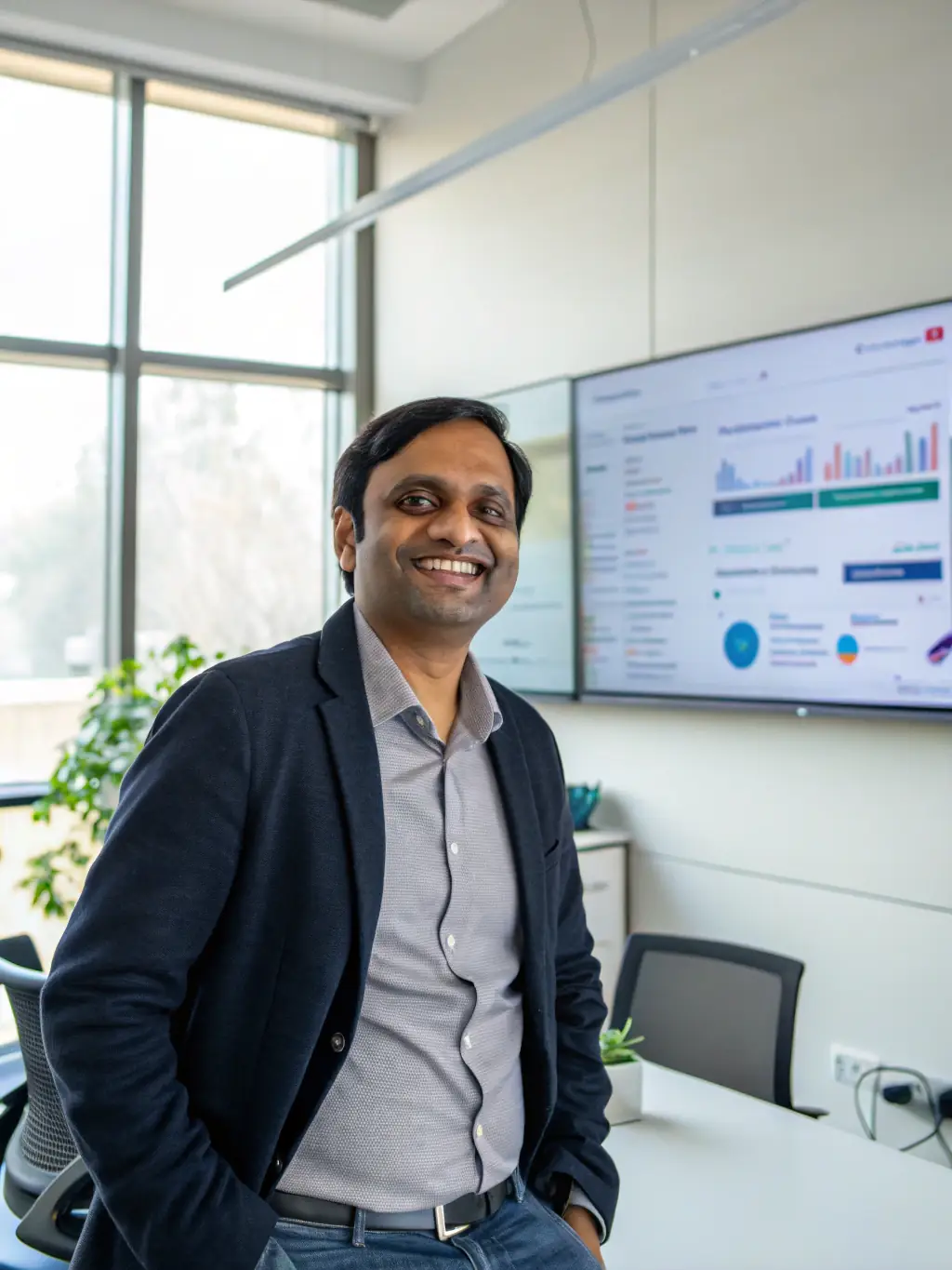 A professional Indian business coach in a crisp suit, smiling confidently while gesturing towards a whiteboard filled with strategic plans and growth charts, set in a modern office environment with Indian art accents.